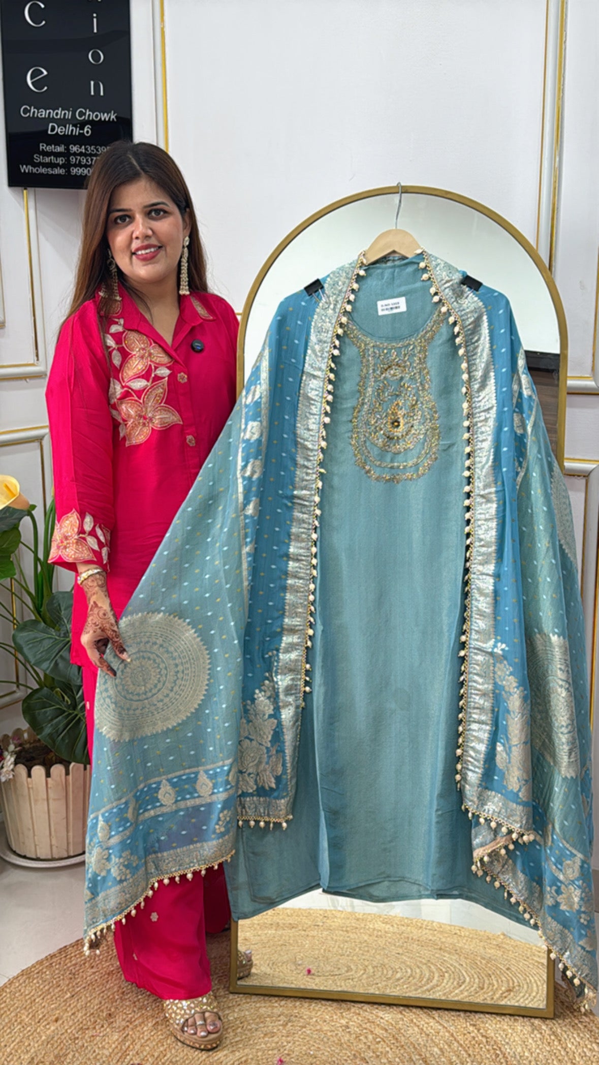 Pure Shimmer Silk Suit Material with Handwork Neck & Heavy Weaved Banarasi Dupatta GF 395